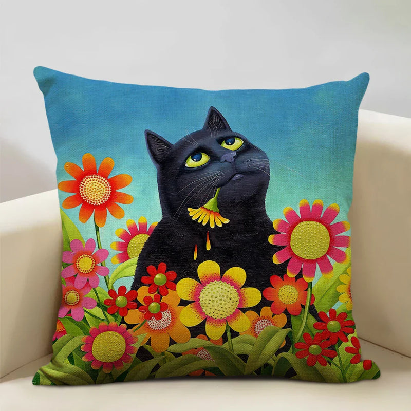Axyaa Cat and Dog Pattern Cushion Cover 45x45cm Linen Square Pillowcase