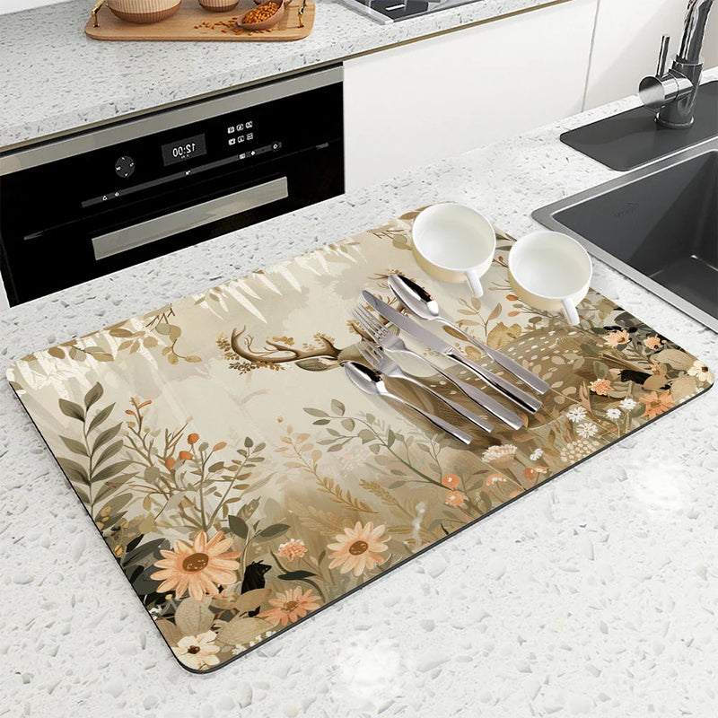 Axyaa Coffee Mat Deer Leaf Kitchen Drying Mat Absorbent Drain Pad Placemat