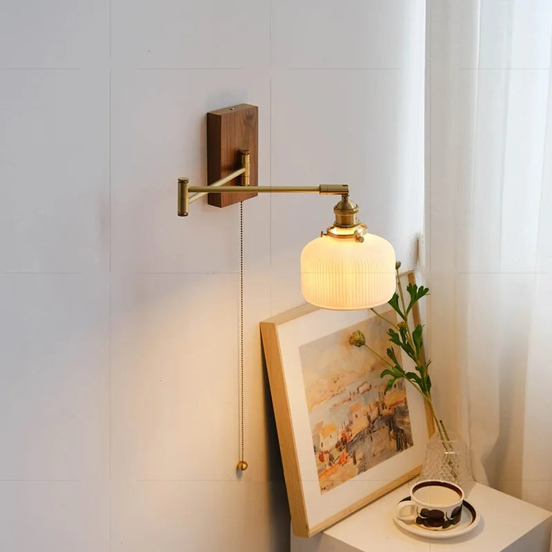 Axyaa Walnut Canopy Copper LED Wall Lamp with Long Arm Rotation