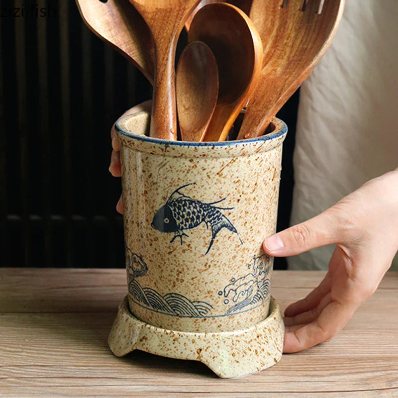 Axya Retro Ceramic Chopstick Holder Rack for Kitchen Cutlery Storage
