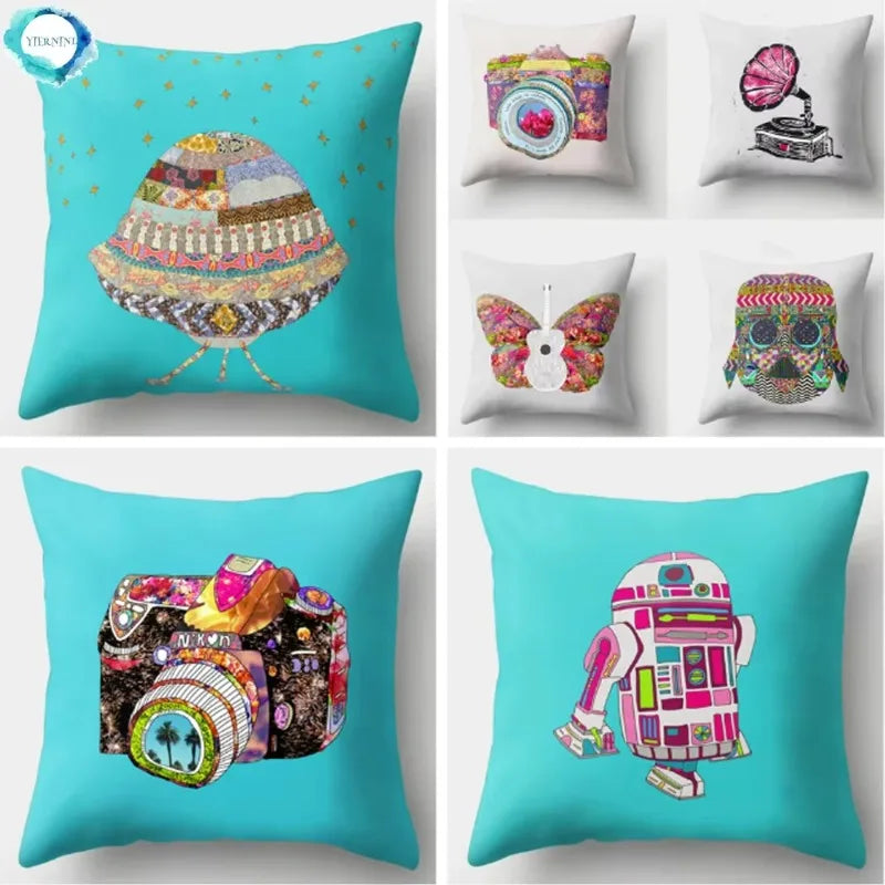 Axyaa Retro Cityscape Gramophone Guitar Drum Camera Print Cushion Cover