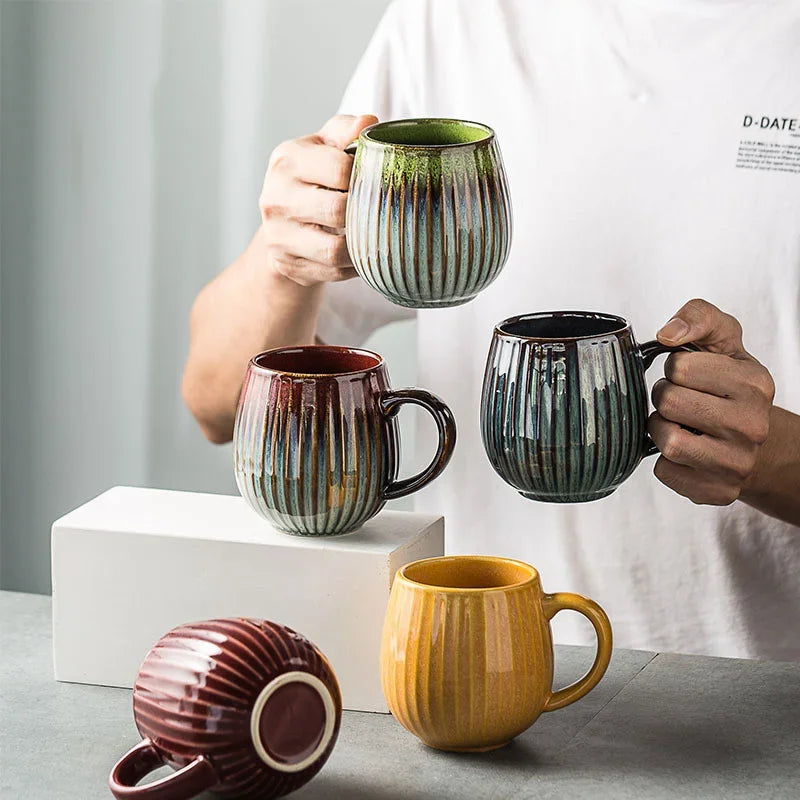 Axyaa Ceramic Vertical Pattern Coffee Mug, Japanese Style, Large Capacity, Retro Design