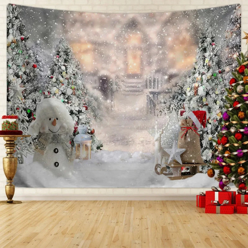 Axyaa Winter Snow Scene Christmas Tree Tapestry for Festive Living Room Decoration