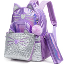 Axyaa Kids Cat Backpack with Lunch Box and Pencil Case for School