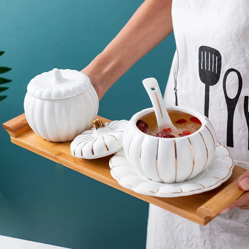 Axya Ceramic Pumpkin Cup Set with Gold Rim Cover and Spoon - Kitchen Supplies