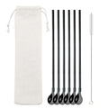 Axyaa Twisted Straw Spoon Set: 6pcs Reusable Stainless Steel Straws, Gold Tea Scoop, Black Dinnerware