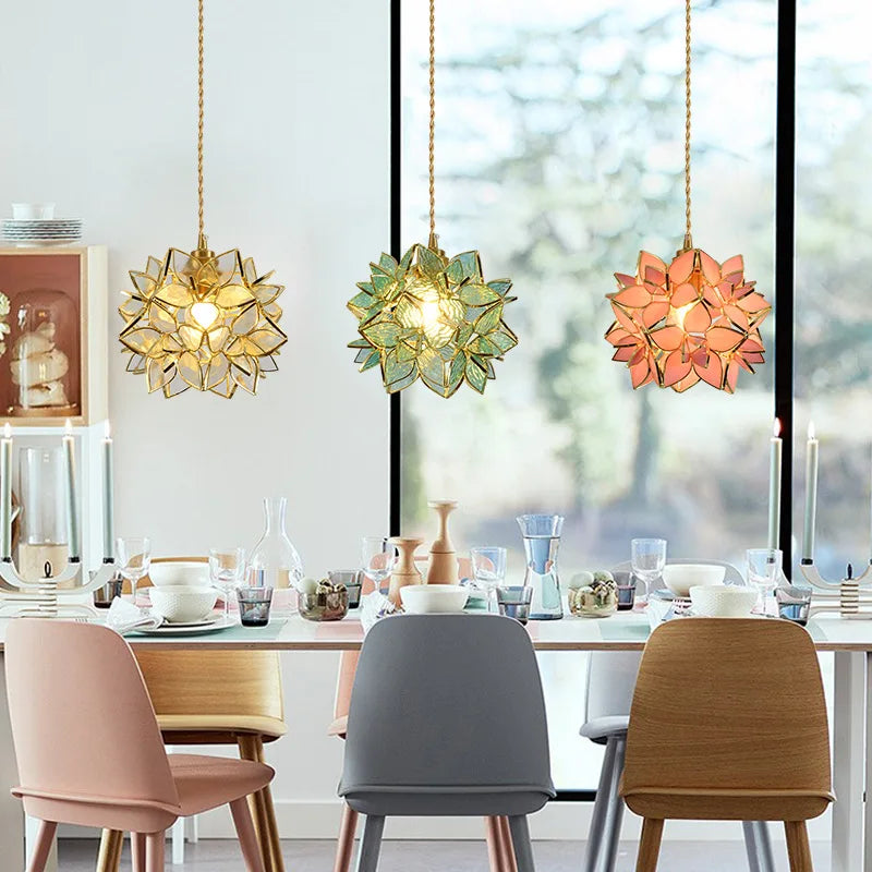 Axyaa Pink Glass Flower LED Pendant Lamp with Gold Retro Base