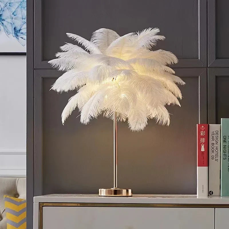 Axyaa Nordic Feather Table Lamp White Pink Ostrich Romantic Bedside Wedding Home Decor