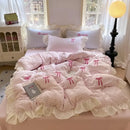 Axyaa Princess Lace Bow 4-Piece Set, Korean Style, Pink Washed Cotton