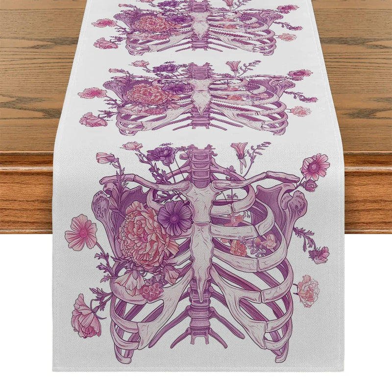 Axyaa Halloween Skeleton Floral Table Runner for Dining Room