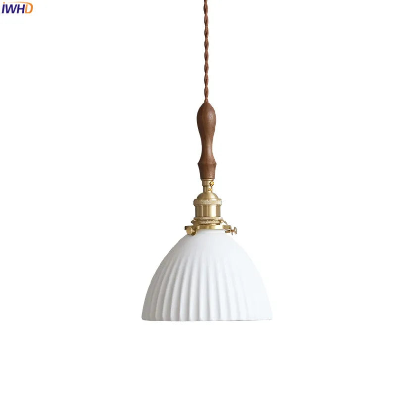 Axyaa White Ceramic LED Pendant Light with Wood Handle - Bedroom Living Room Lamp
