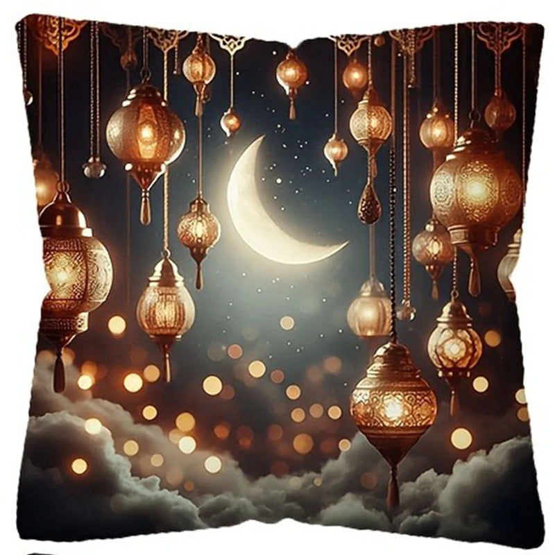 Axyaa Ramadan Pillow Cover: Fasting Lamp & Crescent Moon Design