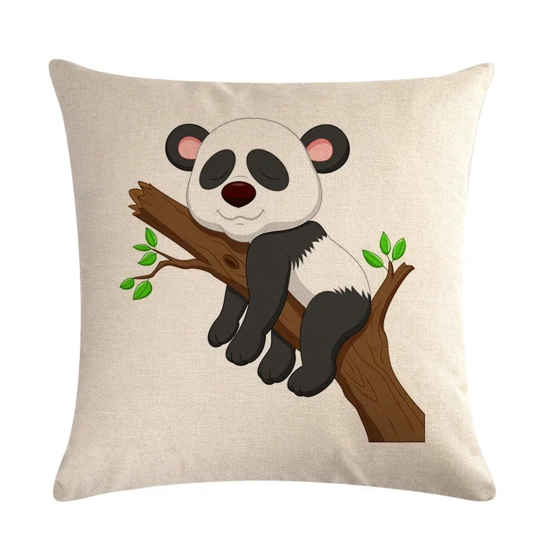 Axyaa Cartoon Panda Print Linen Pillowcase 45x45cm Square Home Sofa Decoration Cover