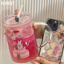 Axyaa Cute Glass Cup with Lid and Straw for Hot/Cold Drinks - 1000ml Capacity