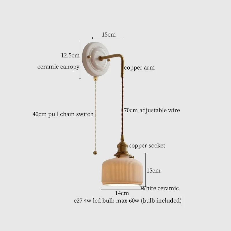 Axyaa Small Pleats Ceramic LED Wall Light Fixture Copper Arm Pull Chain Switch