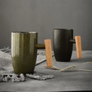 Axyaa Japanese Ceramic Latte Mug with Wooden Handle - Large Capacity Water Cup