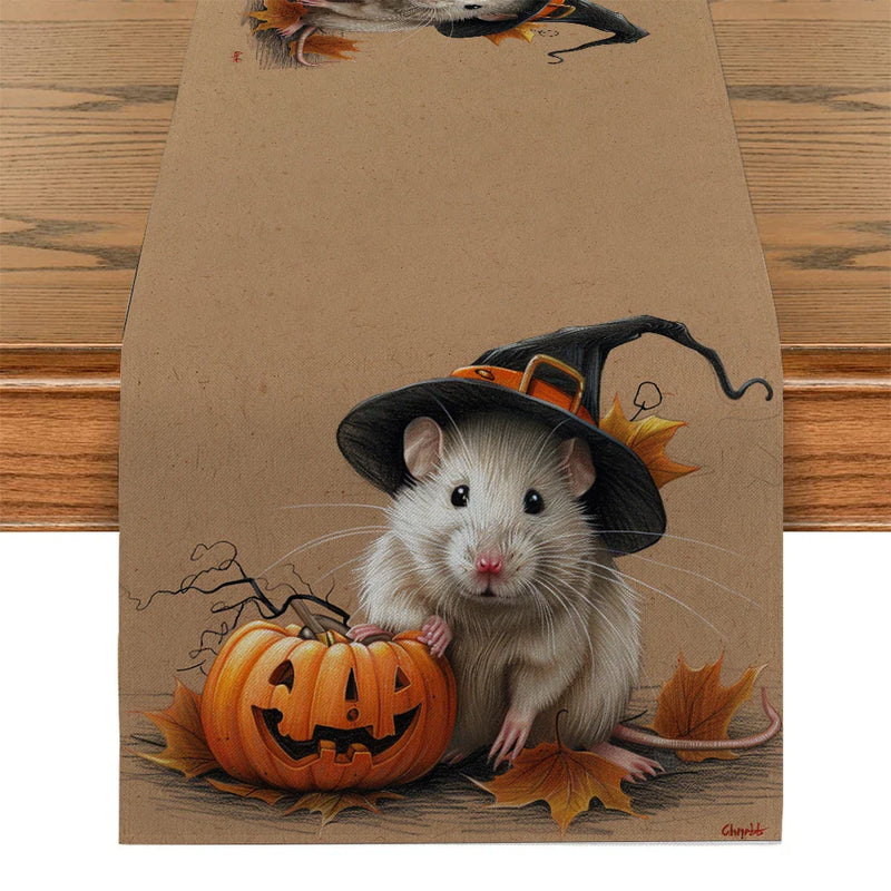 Axyaa Halloween Mouse Pumpkin Wizard Hat Table Runner