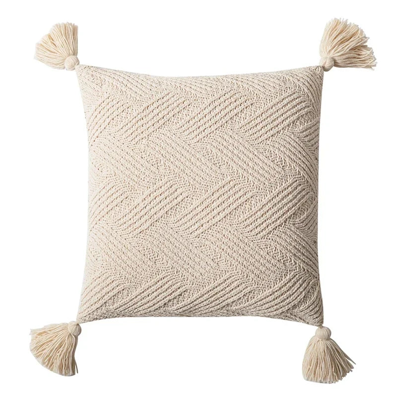 Axyaa Twill Knit Cushion Cover 45x45cm - Solid Pillow Case with Tassels