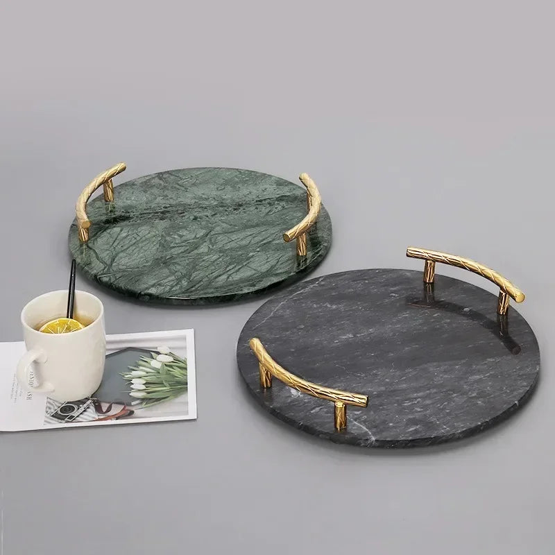 Axya Black Marble Tray with Gold Metal Handle for Home Kitchen and Jewelry Display