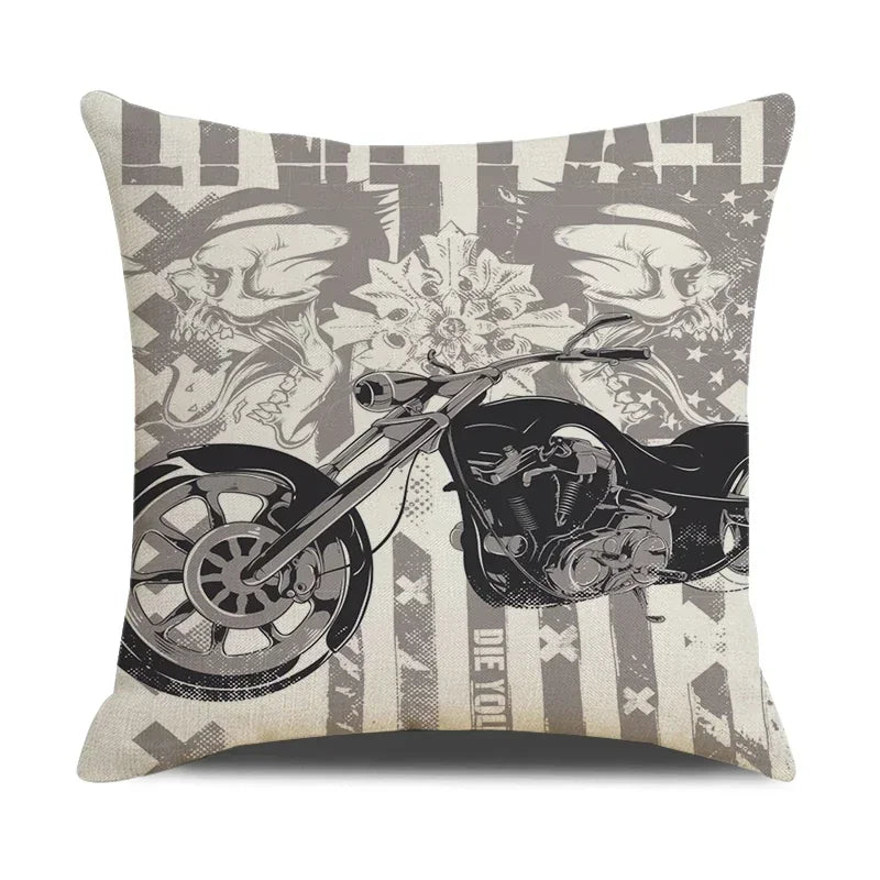 Retro Motorcycle Girls Linen Pillow Cover by Axyaa