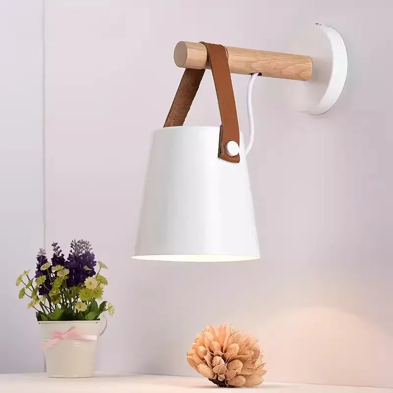 Nordic Wooden LED Wall Lamps by Axyaa: Leather Belt Iron Head Hanging Sconces for Indoor Decor Lighting
