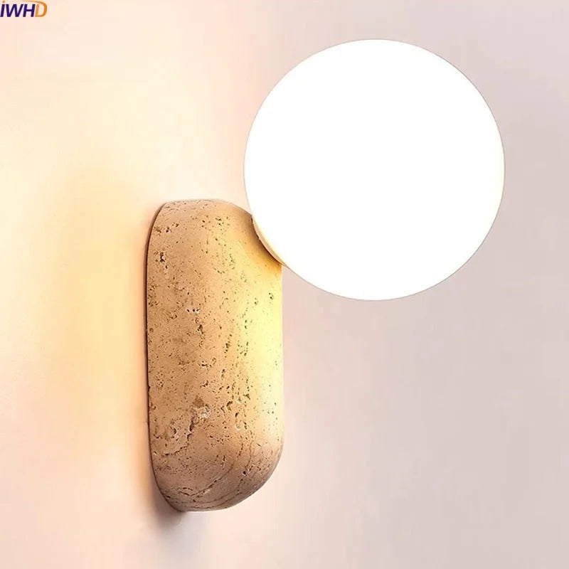 Axyaa Wabi Sabi LED Wall Light Yellow Travertine Stone Glass Ball Wandlamp