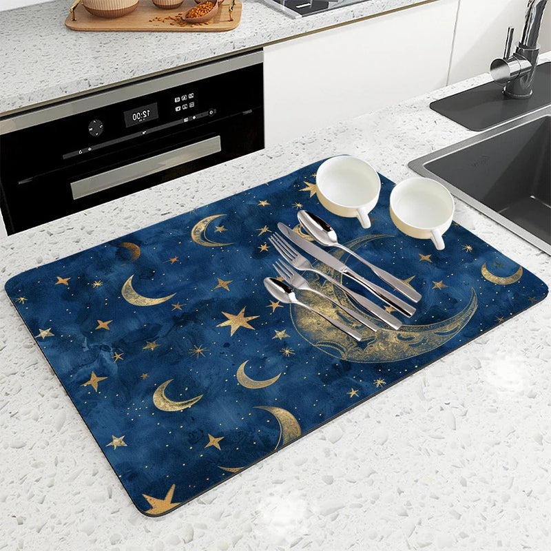 Axyaa Diatom Kitchen Drain Pads: Absorbent, Stars and Moons, Coffee Machine Mat