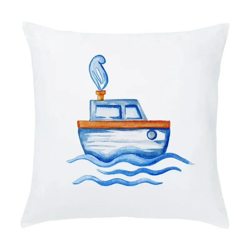 Axyaa Cartoon Sailboat Hot Air Balloon Lighthouse Cushion Cover