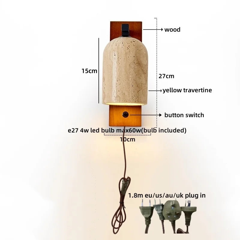 Axyaa Wooden LED Wall Lamp with Switch, E27 Bulb, Yellow Travertine - Wandleuchte