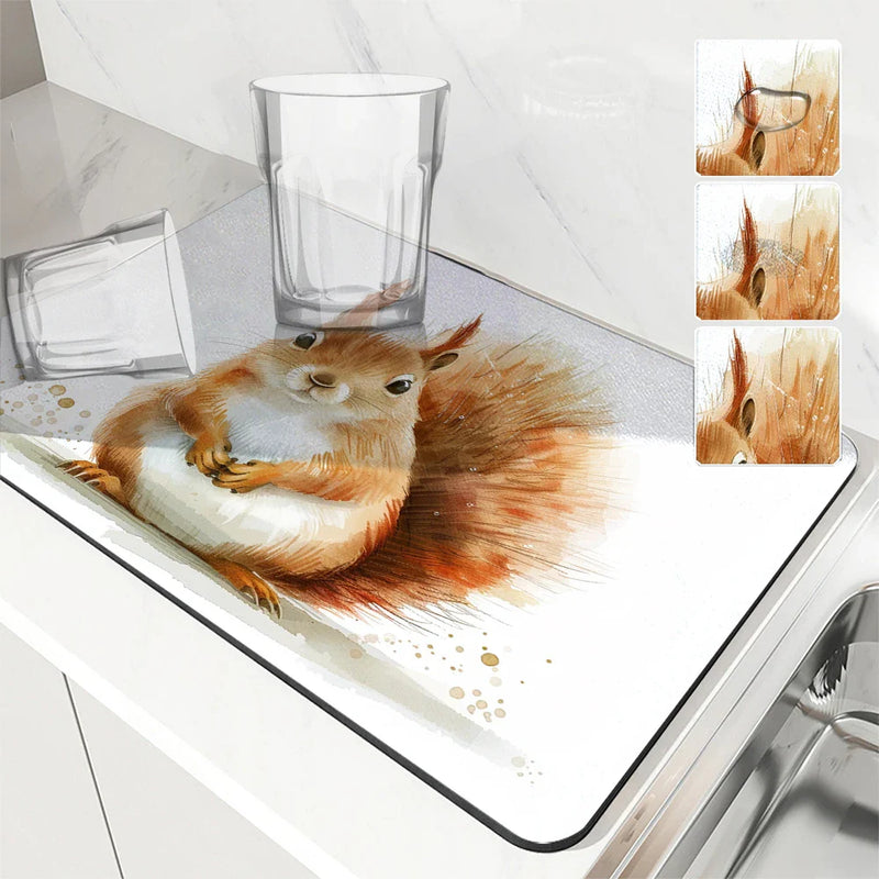 Axyaa Watercolor Squirrel Cartoon Absorbent Drying Mat, Antiskid & Quick Dry