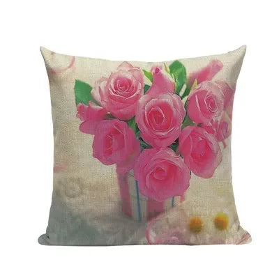 Pink Tulip Linen Cushion Cover - Axyaa 45x45cm Pillowcase