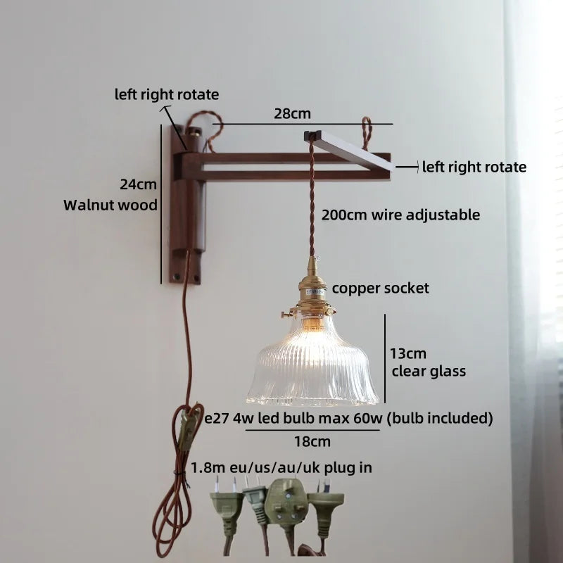 Axyaa Clear Glass LED Wall Sconce with Arm, Black Walnut Wood Stair Light