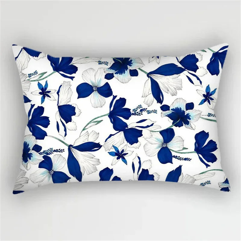 Bohemian Blue Flower Pillowcase with Vintage Ink Plant Leaf Design, by Axyaa