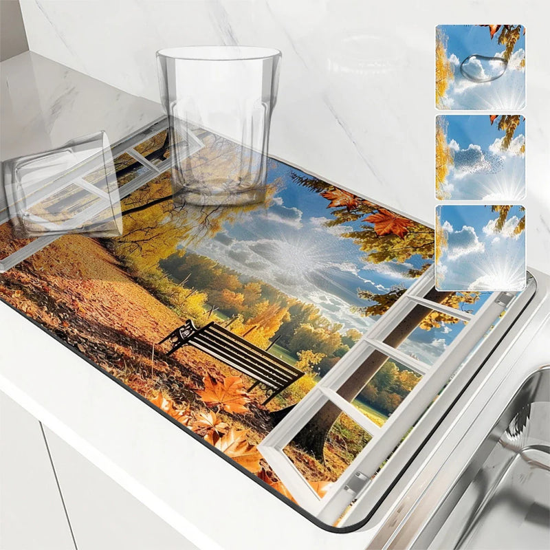 Axyaa Autumn Scenery Coffee Mat | Absorbent Rubber Backed Drying Mat