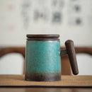 Axyaa Ceramic Bubble Tea Cup with Wood Handle & Cover - Original Espresso Mug