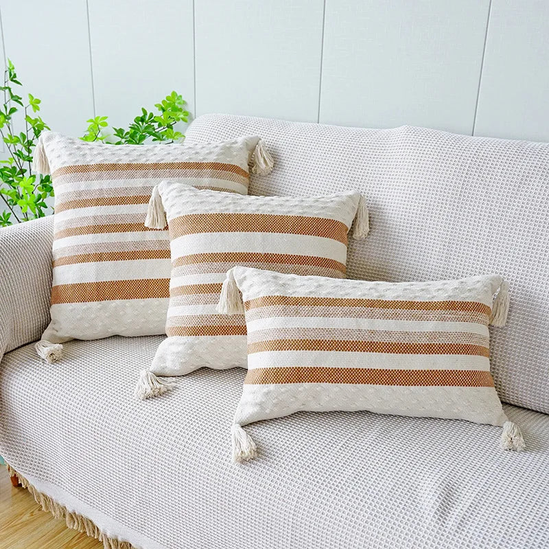 Ivory Brown Coffee Black Stripe Pillow Case with Tassels - Axyaa Brand
