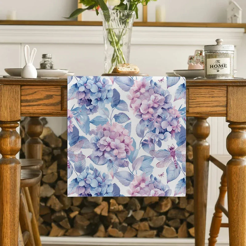 Hydrangea Dragonfly Butterfly Table Runner by Axyaa for Kitchen Dining Living Room