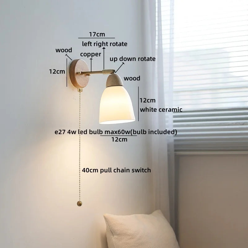 Axyaa White Ceramic LED Wall Sconce – Wooden Socket Stair Wall Light