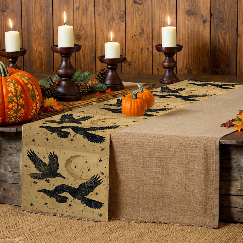Black Crow Watercolor Silhouette Table Runner for Dining & Party Decor by Axyaa