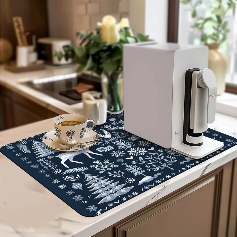 Christmas Deer Silhouette Non-Slip Drying Mat for Kitchen Counters and Tables by Axyaa