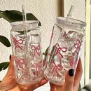 Axyaa 500ml Bow Plastic Cup with Lid & Straw, Mason Jar Shaped Tumbler for Coffee, Juice & More