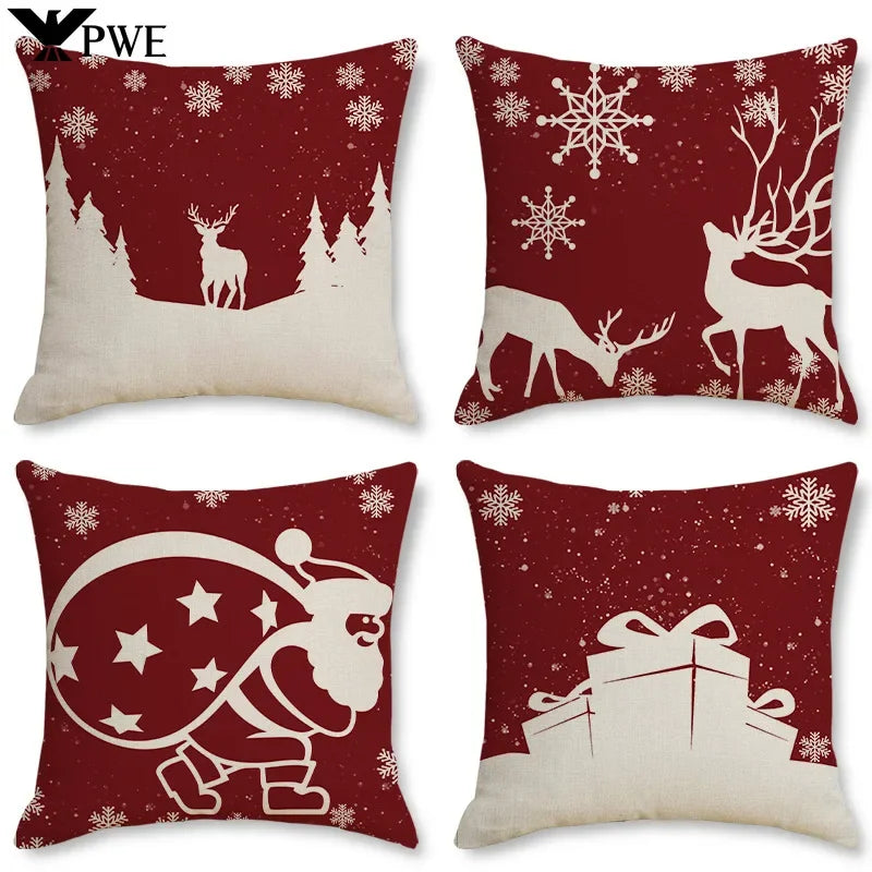 Axyaa Christmas Linen Print Throw Pillow Cover for Home Sofa, Living Room and Bedroom