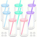 Axyaa 16oz Double Wall Snowglobe Mason Jar Cups with Straw - Set of 8