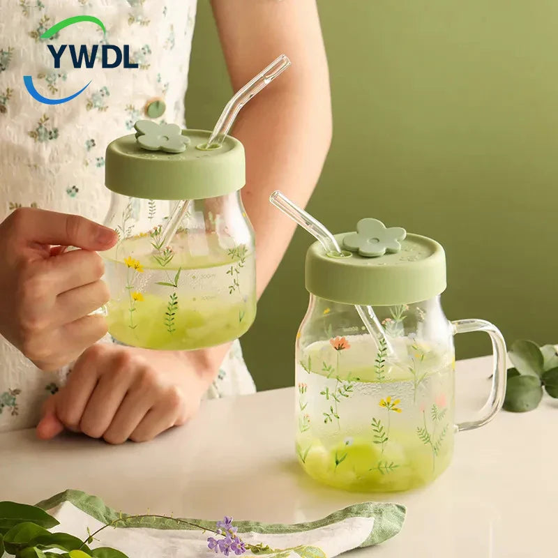Axya Grass Pattern Glass Tumbler with Straw, Lid, and Graduated Heat-Resistant Cup