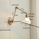 Axyaa Brass Swing Arm LED Wall Light Fixture with Pull Chain Switch, Modern Clear Glass Bedside Lamp