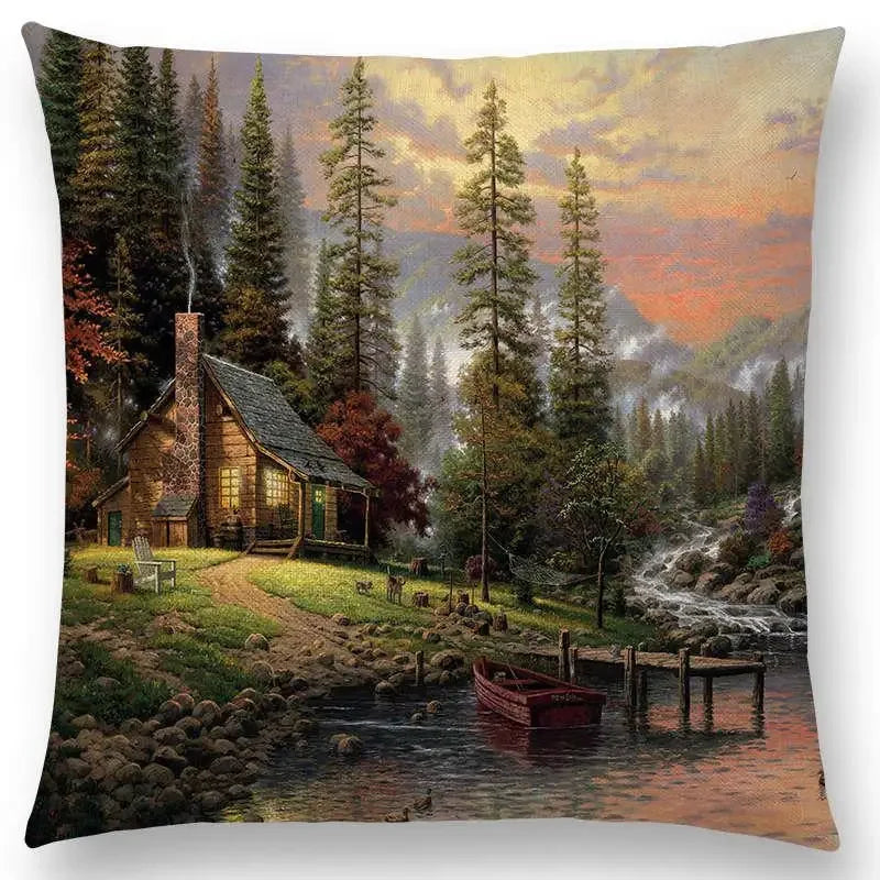 Axyaa Castle Lighthouse Scenery Painting Cushion Cover - Sofa Pillowcase