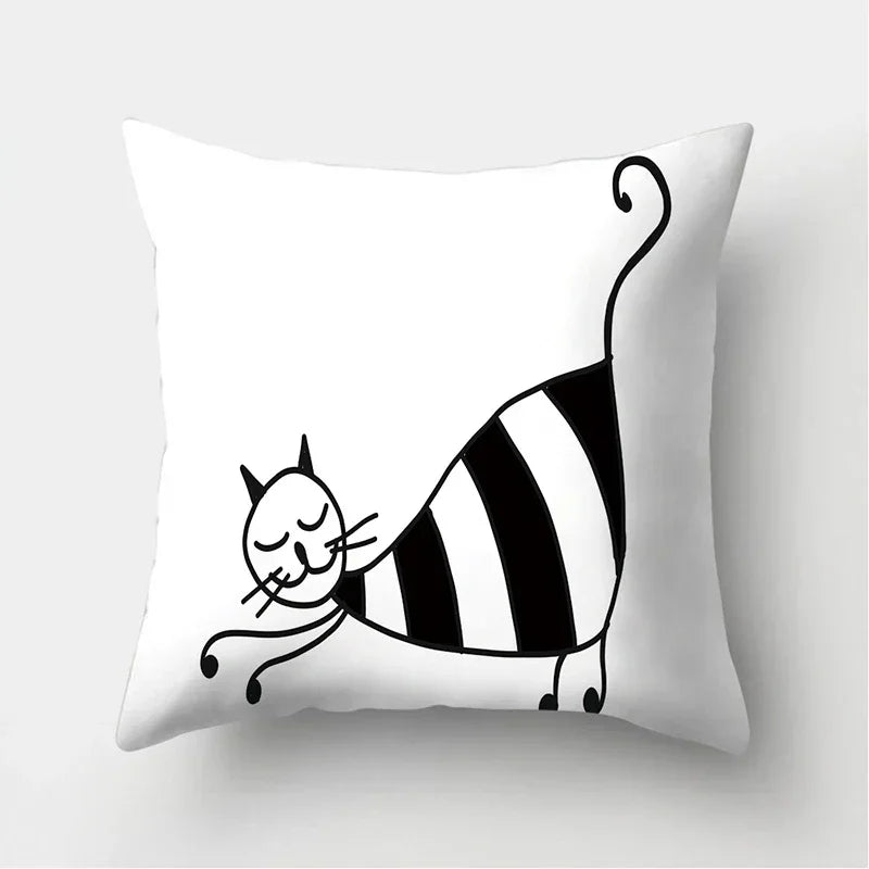 Axyaa Black & White Cat Pattern Cushion Cover for Living Room, Bedroom & Sofa