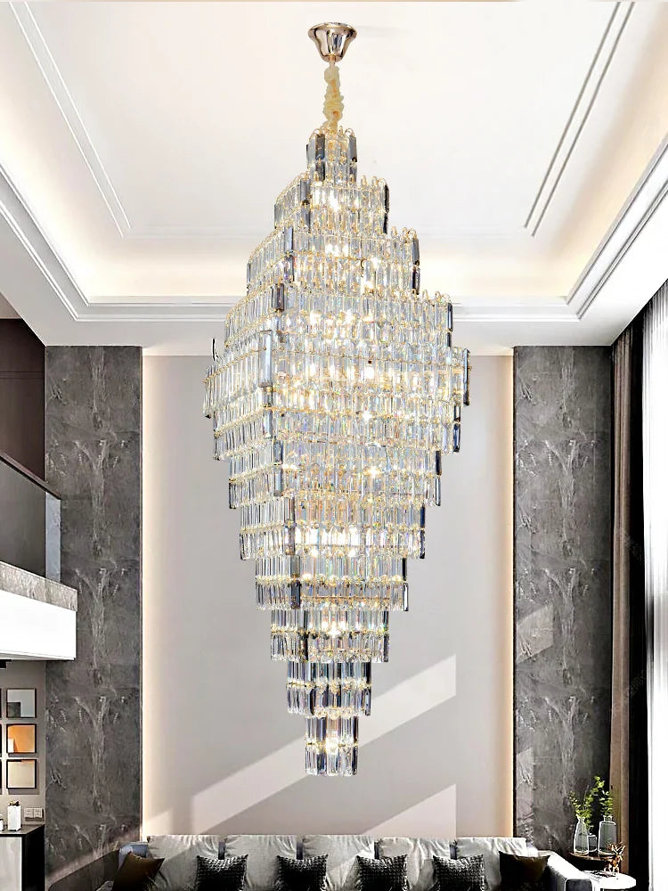 Axyaa Crystal Chandelier Loft Stairs Living Room Pendant Light