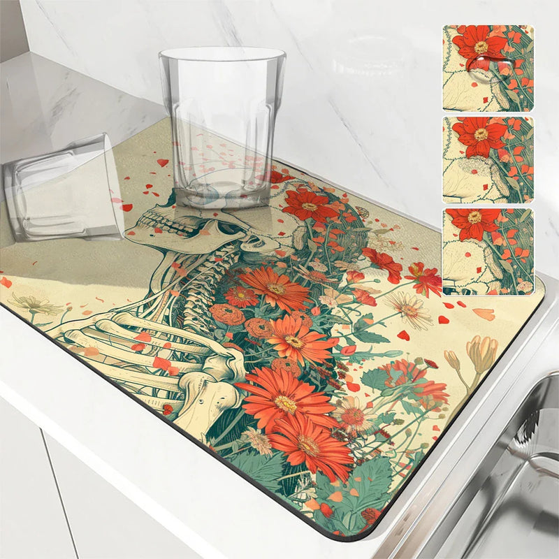 Axyaa Floral Skull Absorbent Dish Drying Mat with Rubber Backing