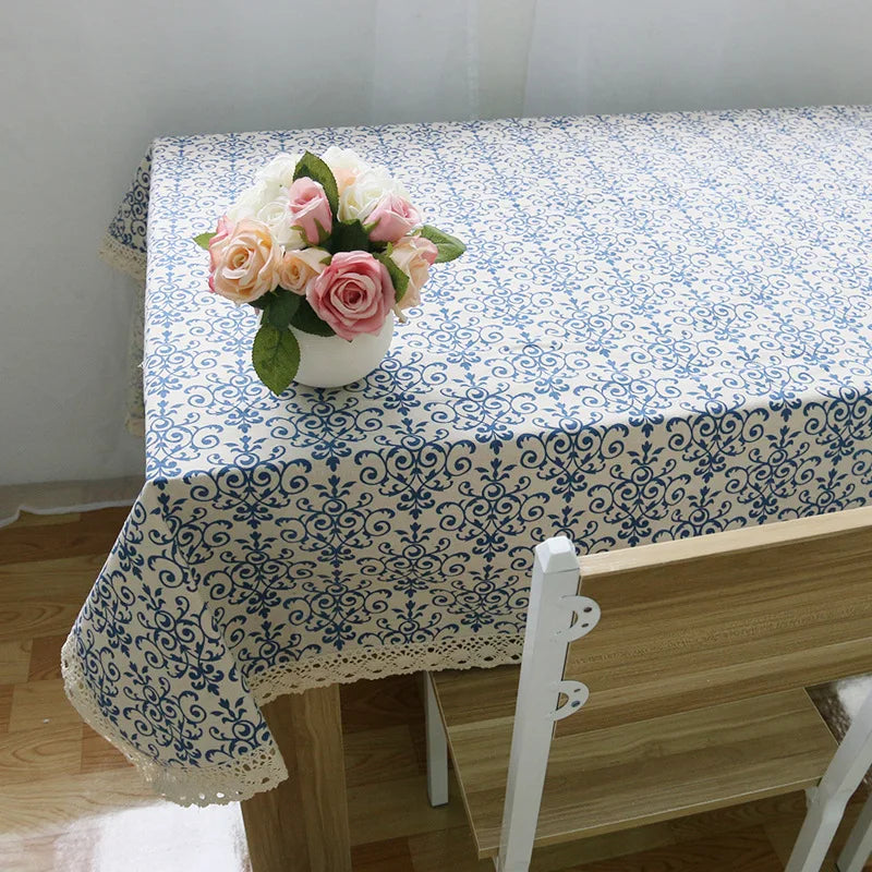 Axya Retro Blue & White Porcelain Pattern Tablecloth - Chinese Classical Cotton Linen